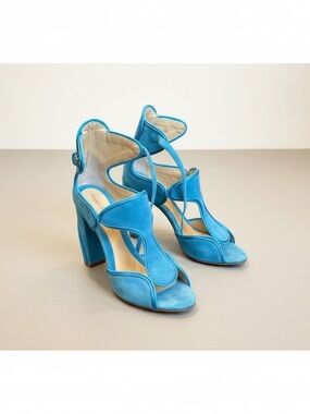 Monique Lhuillier Blue Suede Strappy Heels IT 40 / US 10 Worn Once Retail $985
